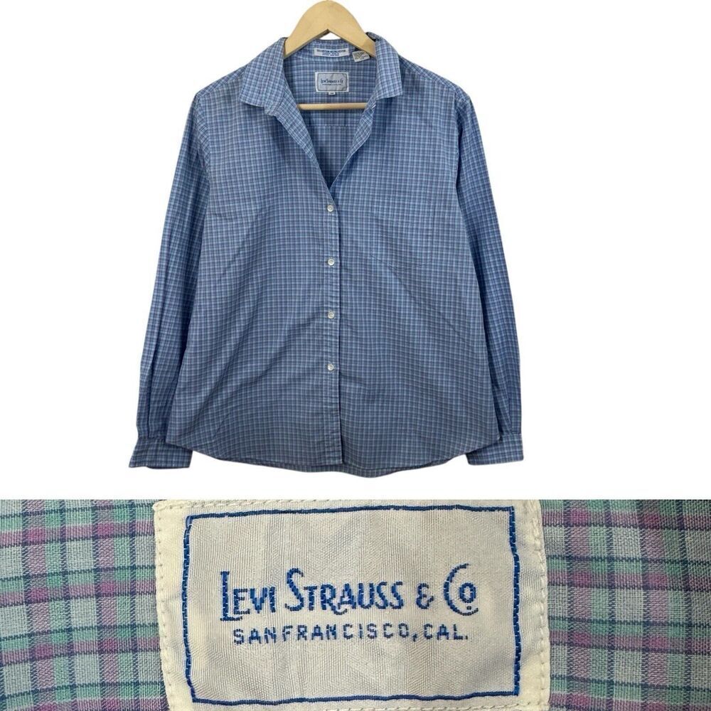 Vintage Levi's 18 Button Front Short Plaid Long Sleeve Blue Classic Womens